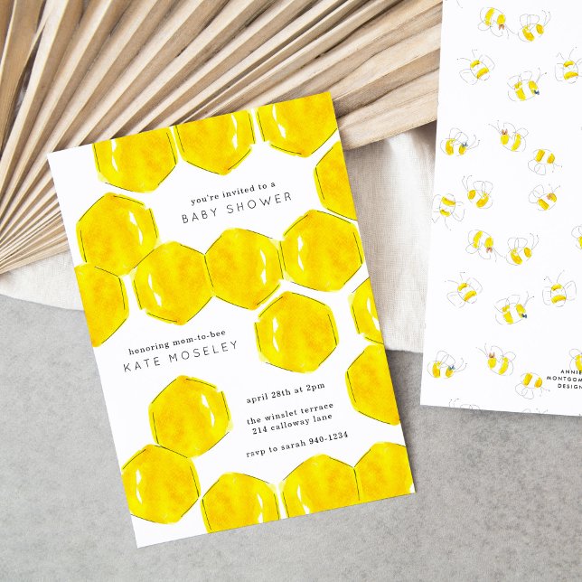 Yellow Watercolor Honeycomb Mum to Bee Baby Shower Invitation (Yellow watercolor bee honeycomb baby shower invitations.)