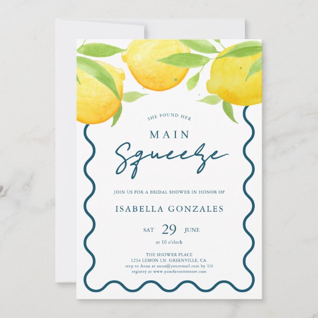 Yellow Watercolor Lemon Bridal Shower Invitation (Front)