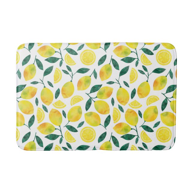 Yellow Watercolor Lemon Pattern Bath Mat (Front)