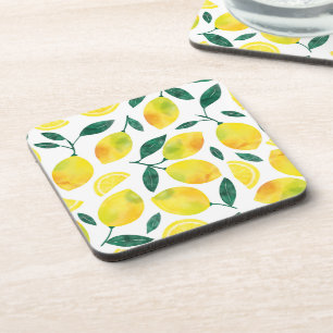 Yellow Watercolor Lemon Pattern Coaster