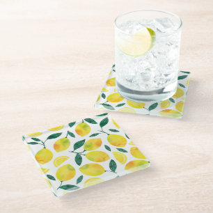 Yellow Watercolor Lemon Pattern Glass Coaster