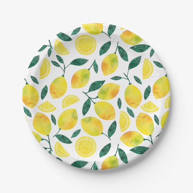 Yellow Watercolor Lemon Pattern Paper Plate (Front)
