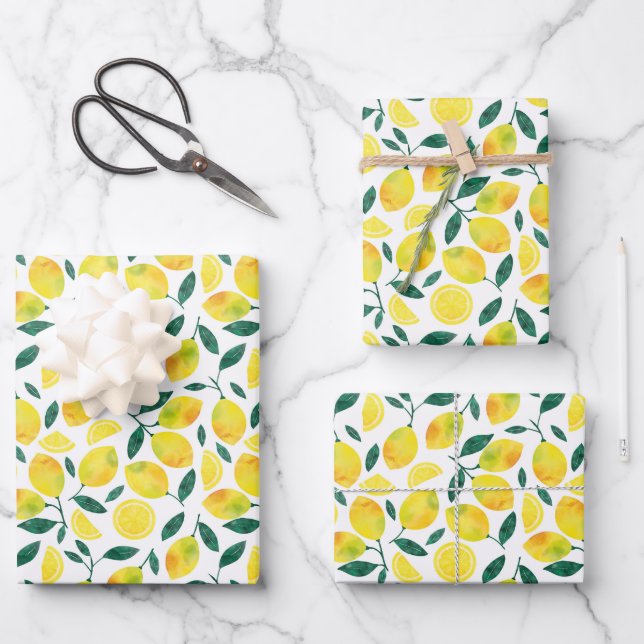 Yellow Watercolor Lemon Pattern Wrapping Paper Sheet (Front)