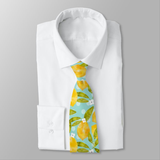 Yellow Watercolor Lemon Tree Pattern Blue Tie (Tied)