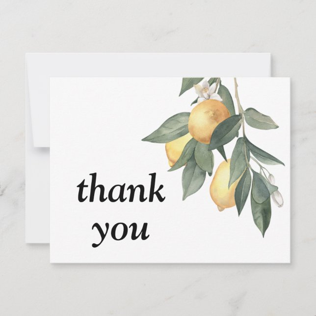 Yellow watercolor lemons and green leaves thank you card (Front)