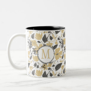 Yellow Watercolor Monogram Clematis Flowers Two-Tone Coffee Mug
