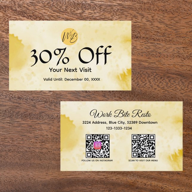  Yellow Watercolor Restaurant Qr Code Menu and  Discount Card (Creator Uploaded)