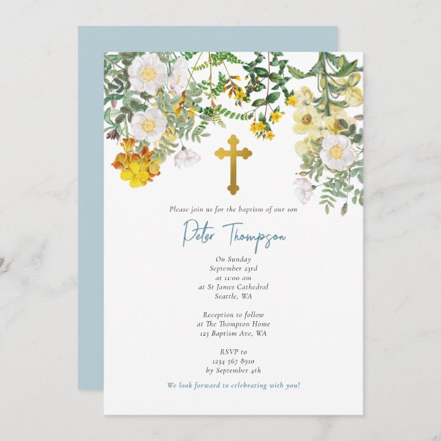 Yellow Watercolor Rose Flower Garden Boy Baptism Invitation (Front/Back)
