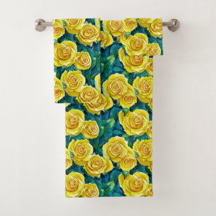 Yellow Watercolor Rose Pattern Bath Towel Set