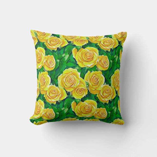 Yellow Watercolor Rose Pattern Cushion (Front)