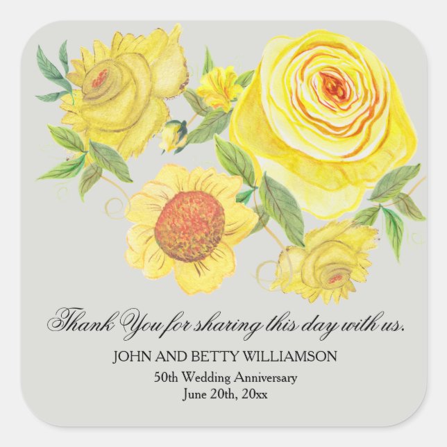 Yellow Watercolor Roses 50th Anniversary Square Sticker (Front)
