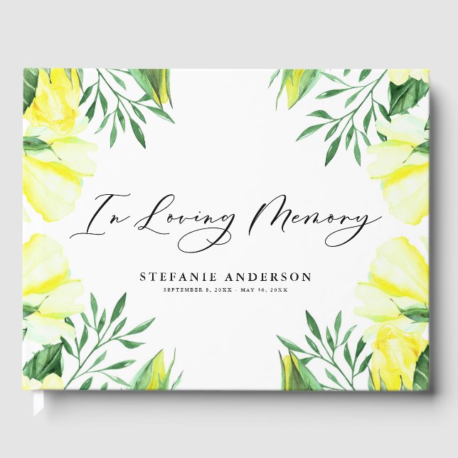 Yellow Watercolor Roses and Peonies Funeral Guest Book (Front)