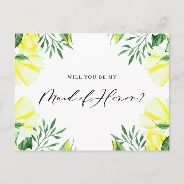 Yellow Watercolor Roses Be My Maid of Honour Card (Front)