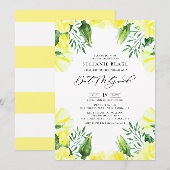 Yellow Watercolor Roses Floral Bat Mitzvah Invitation (Front/Back)