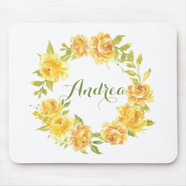Yellow Watercolor Roses Floral Wreath Personalised Mouse Mat (Front)