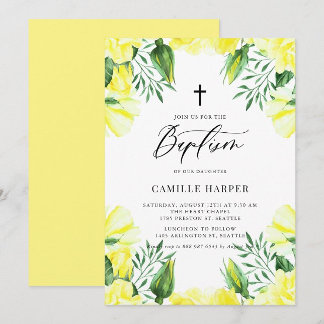 Yellow Watercolor Roses Garland Baptism Invitation (Front/Back)