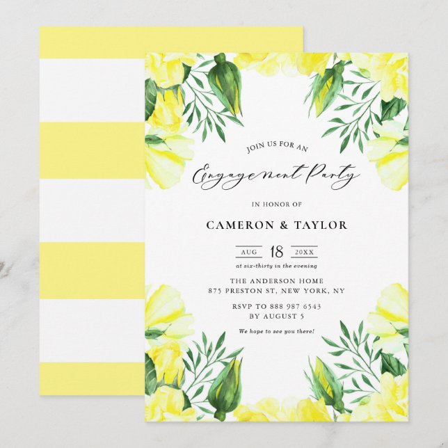 Yellow Watercolor Roses Garland Engagement Party Invitation (Front/Back)