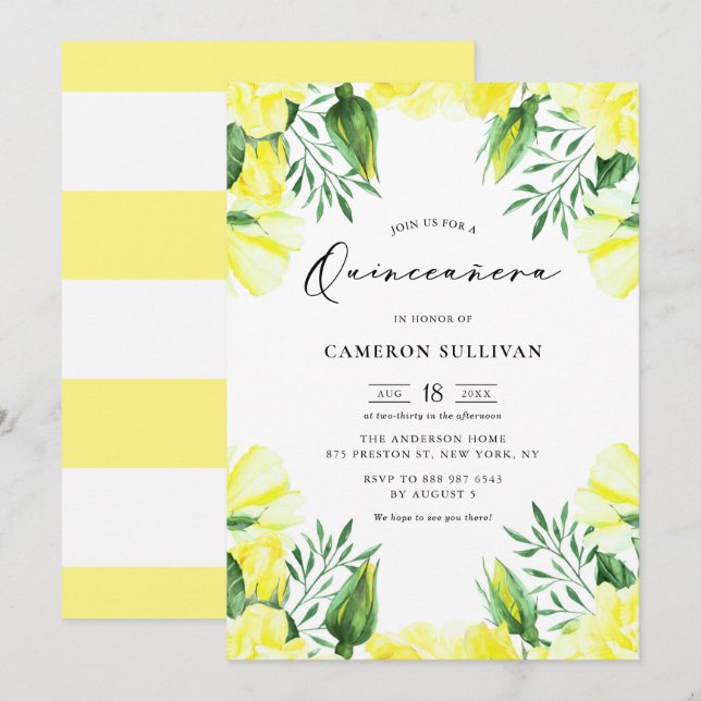 Yellow Watercolor Roses Garland Quinceañera Invitation (Front/Back)