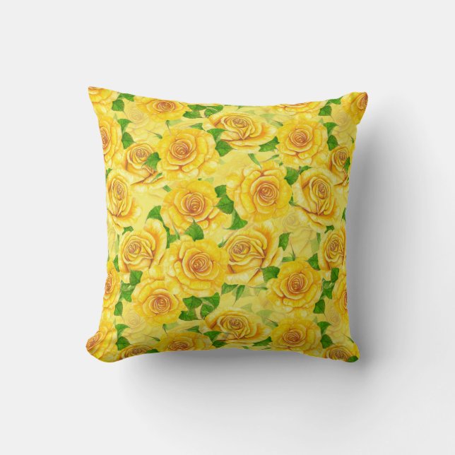 Yellow watercolor roses pattern cushion (Front)