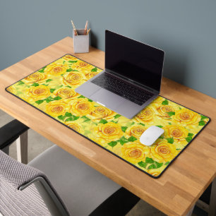 Yellow watercolor roses pattern desk mat