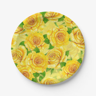 Yellow watercolor roses pattern paper plate