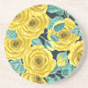 Yellow watercolor roses with leaves and buds patte coaster