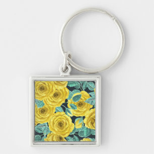 Yellow watercolor roses with leaves and buds patte key ring