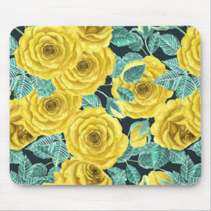 Yellow watercolor roses with leaves and buds patte mouse mat