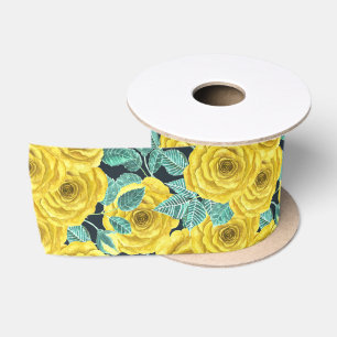 Yellow watercolor roses with leaves and buds patte satin ribbon