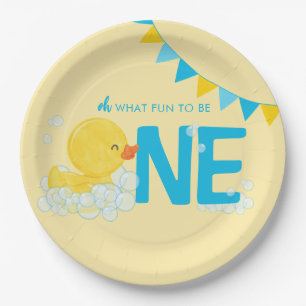 Yellow Watercolor Rubber Duck ONE 1st Birthday Paper Plate