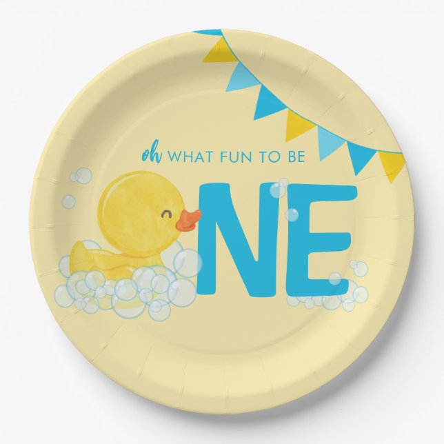 Yellow Watercolor Rubber Duck ONE 1st Birthday Paper Plate (Front)