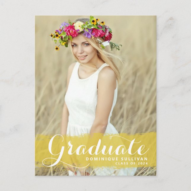 Yellow Watercolor Splash Photo Graduation Postcard (Front)