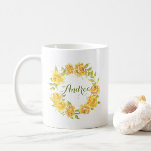 Yellow Watercolor Summer Flowers Wreath Script Coffee Mug