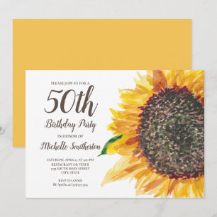 Yellow Watercolor Sunflower 50th Birthday Women Invitation