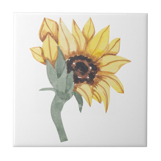 Yellow Watercolor Sunflower Ceramic Tile (Front)
