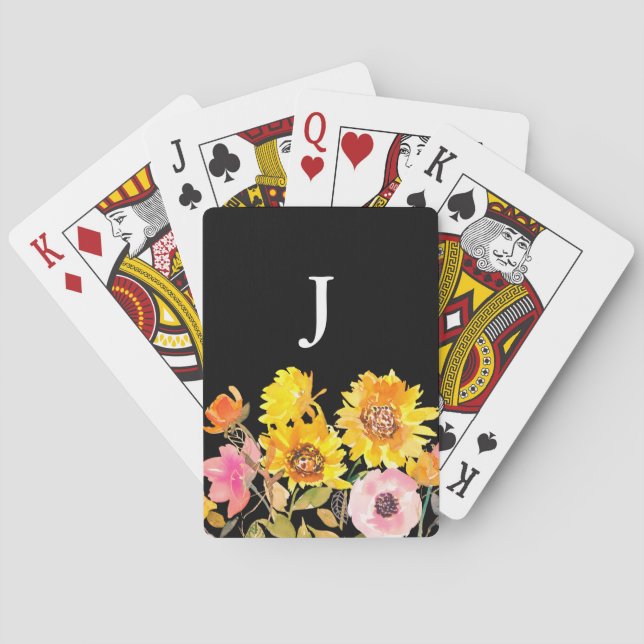 Yellow Watercolor Sunflower Monogram Playing Cards (Back)