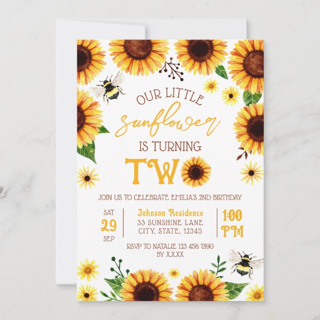 Yellow Watercolor Sunflower Two Year Old Birthday Invitation (Front)