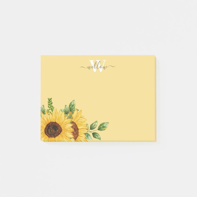 Yellow Watercolor Sunflower with Monogram Post-it Notes (Front)