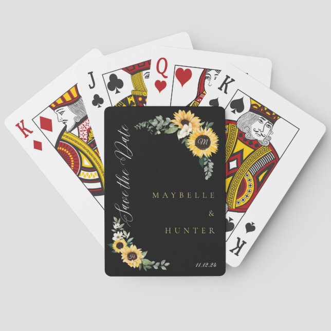 Yellow Watercolor Sunflower Wreath Save Our Date Playing Cards (Back)