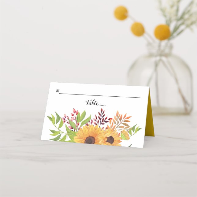 Yellow watercolor sunflowers and leaves wedding place card (Front)