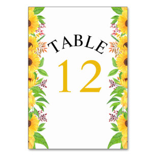 Yellow watercolor sunflowers and leaves wedding table number