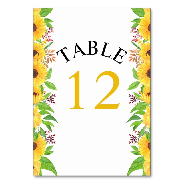 Yellow watercolor sunflowers and leaves wedding table number (Front)