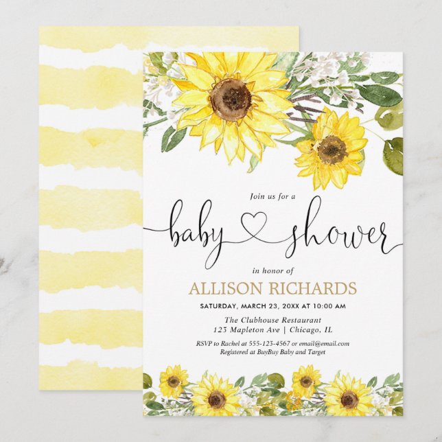 Yellow watercolor sunflowers baby shower invitation (Front/Back)
