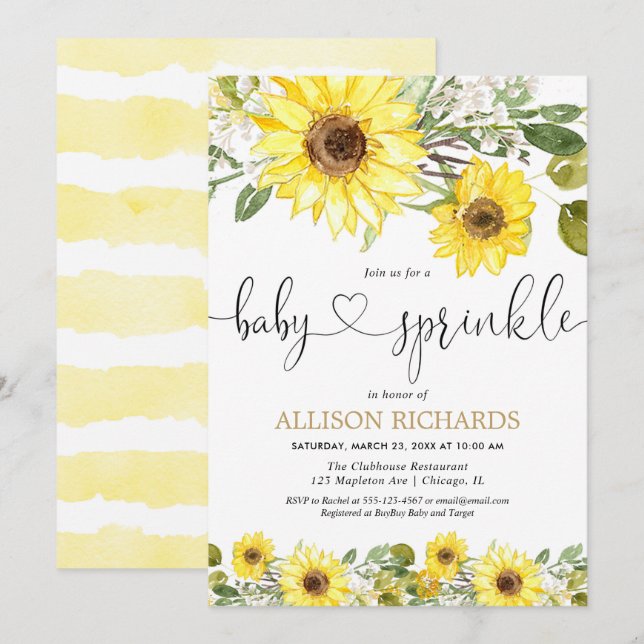 Yellow watercolor sunflowers baby sprinkle invitation (Front/Back)