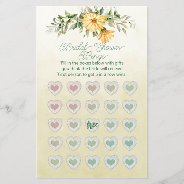 Yellow Watercolor Sunflowers Bridal Shower Bingo Flyer (Front)