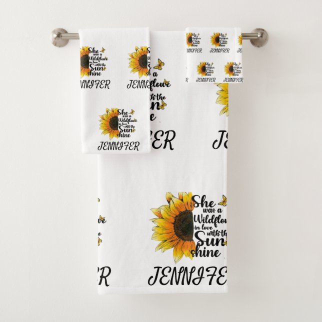 Yellow watercolor sunflowers butterfly love quote bath towel set (Insitu)