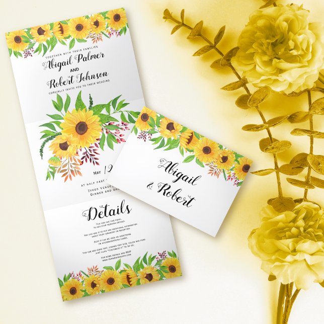 Yellow watercolor sunflowers floral wedding Tri-Fold invitation (Creator Uploaded)