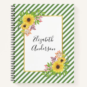 Yellow watercolor sunflowers, frame and stripes notebook