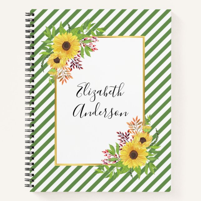 Yellow watercolor sunflowers, frame and stripes notebook (Front)