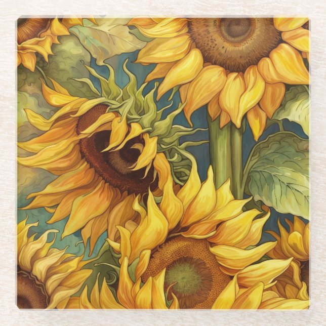 Yellow Watercolor Sunflowers Glass Coaster (Front)